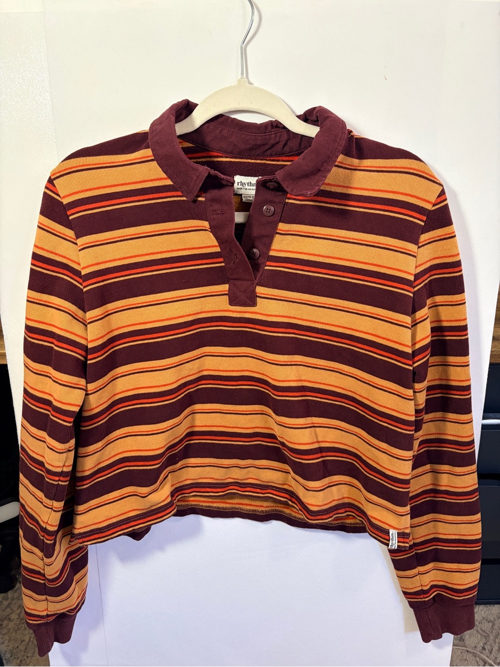 Rhythm Livin Women’s Striped Rugby Polo Crop Top Small Mustard Burgundy Retro